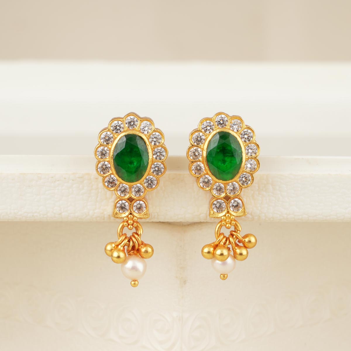 Traditional Golden Red Green Stone CZ and Pearls Earrings – Sheetal's  FabFashion