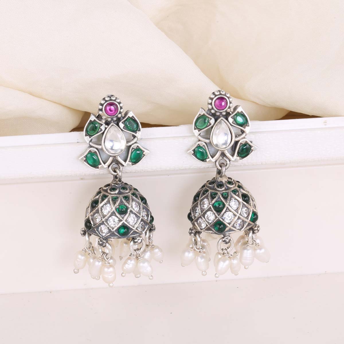 Dual tone Sterling Silver Jhumka Earrings | Buy Online