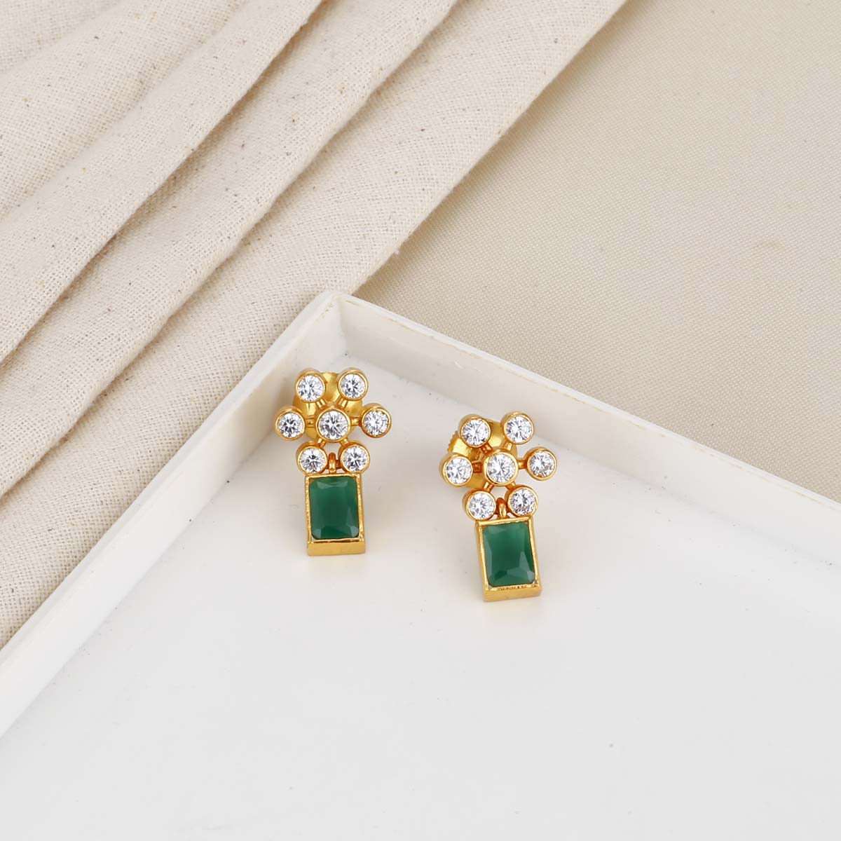 Gold Plated Peacock Green Stone Earrings