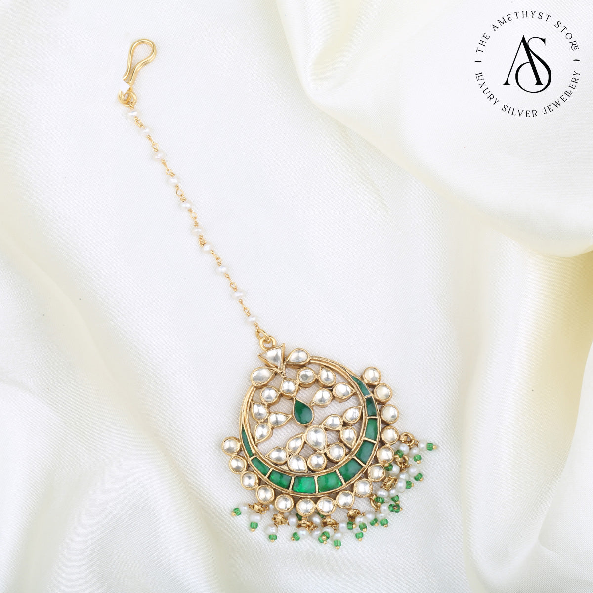 Kundan selling Maangtika plated in 22KT Gold polish with green semi precious drops